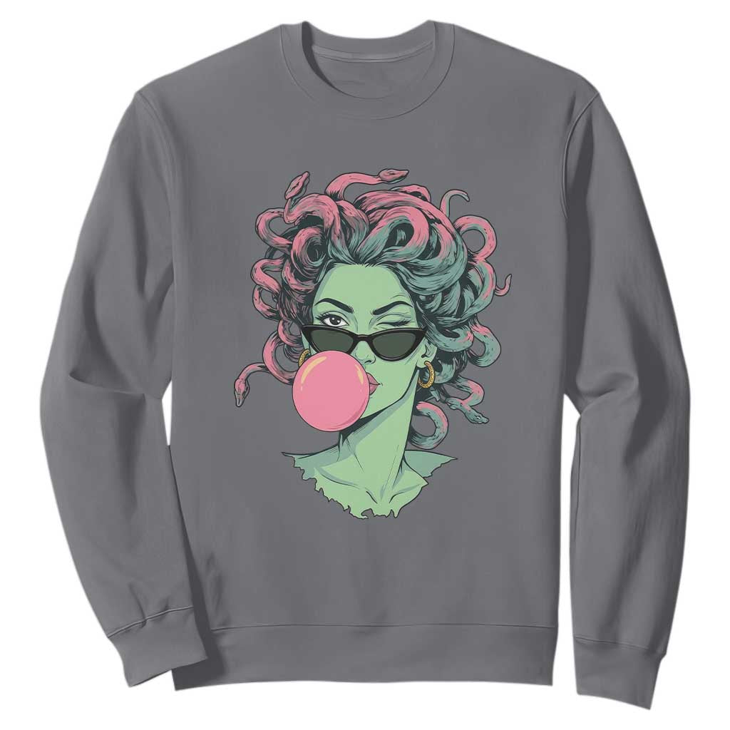 Winking Medusa In Sunglasses Blowing Bubble Gum Sweatshirt Funny Greek Mythology Pop Art