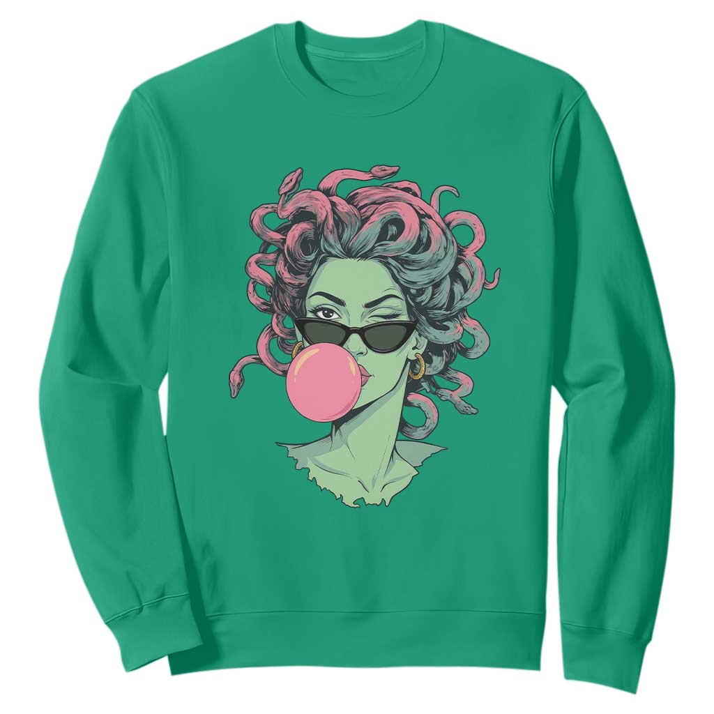 Winking Medusa In Sunglasses Blowing Bubble Gum Sweatshirt Funny Greek Mythology Pop Art