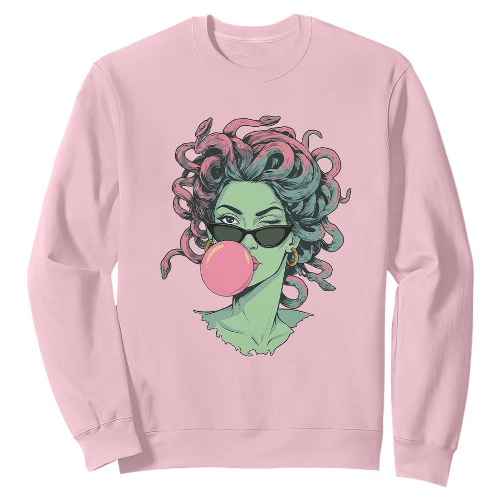 Winking Medusa In Sunglasses Blowing Bubble Gum Sweatshirt Funny Greek Mythology Pop Art