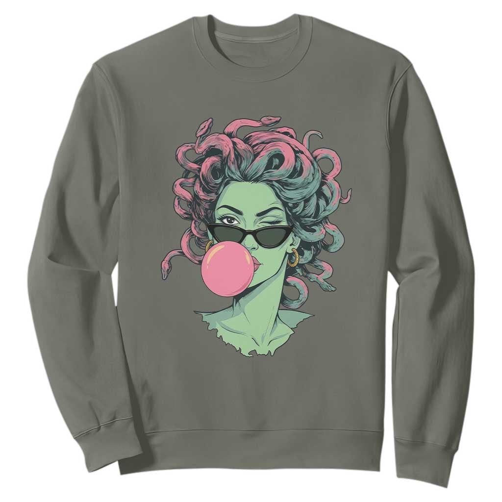 Winking Medusa In Sunglasses Blowing Bubble Gum Sweatshirt Funny Greek Mythology Pop Art