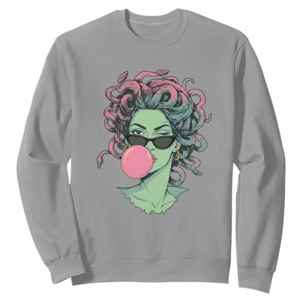 Winking Medusa In Sunglasses Blowing Bubble Gum Sweatshirt Funny Greek Mythology Pop Art