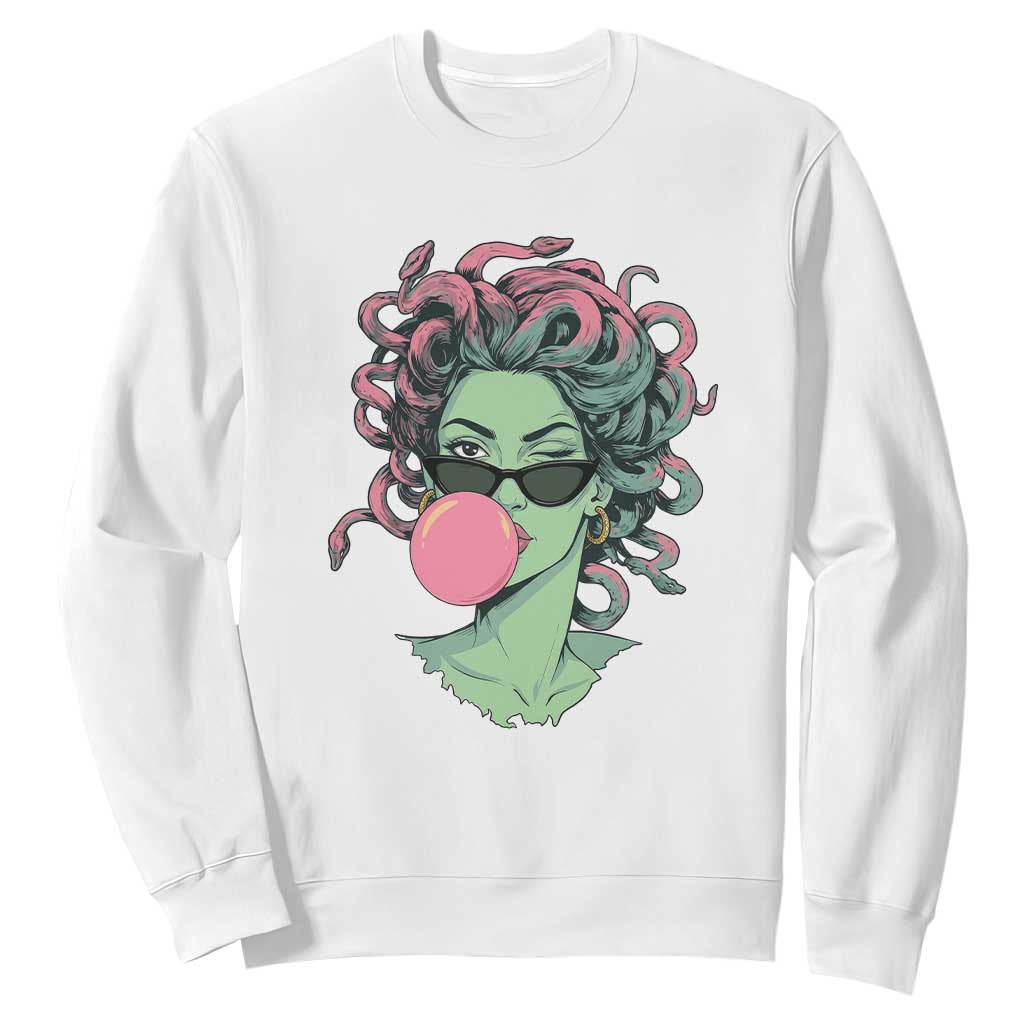 Winking Medusa In Sunglasses Blowing Bubble Gum Sweatshirt Funny Greek Mythology Pop Art TS12 White Print Your Wear