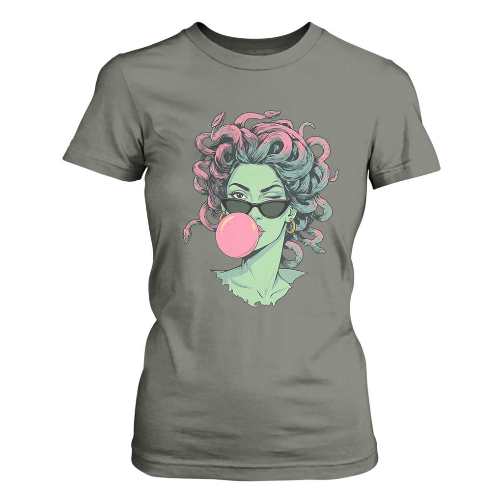 Winking Medusa In Sunglasses Blowing Bubble Gum T Shirt For Women Funny Greek Mythology Pop Art