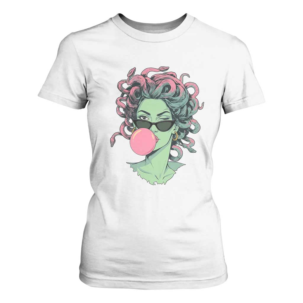 Winking Medusa In Sunglasses Blowing Bubble Gum T Shirt For Women Funny Greek Mythology Pop Art