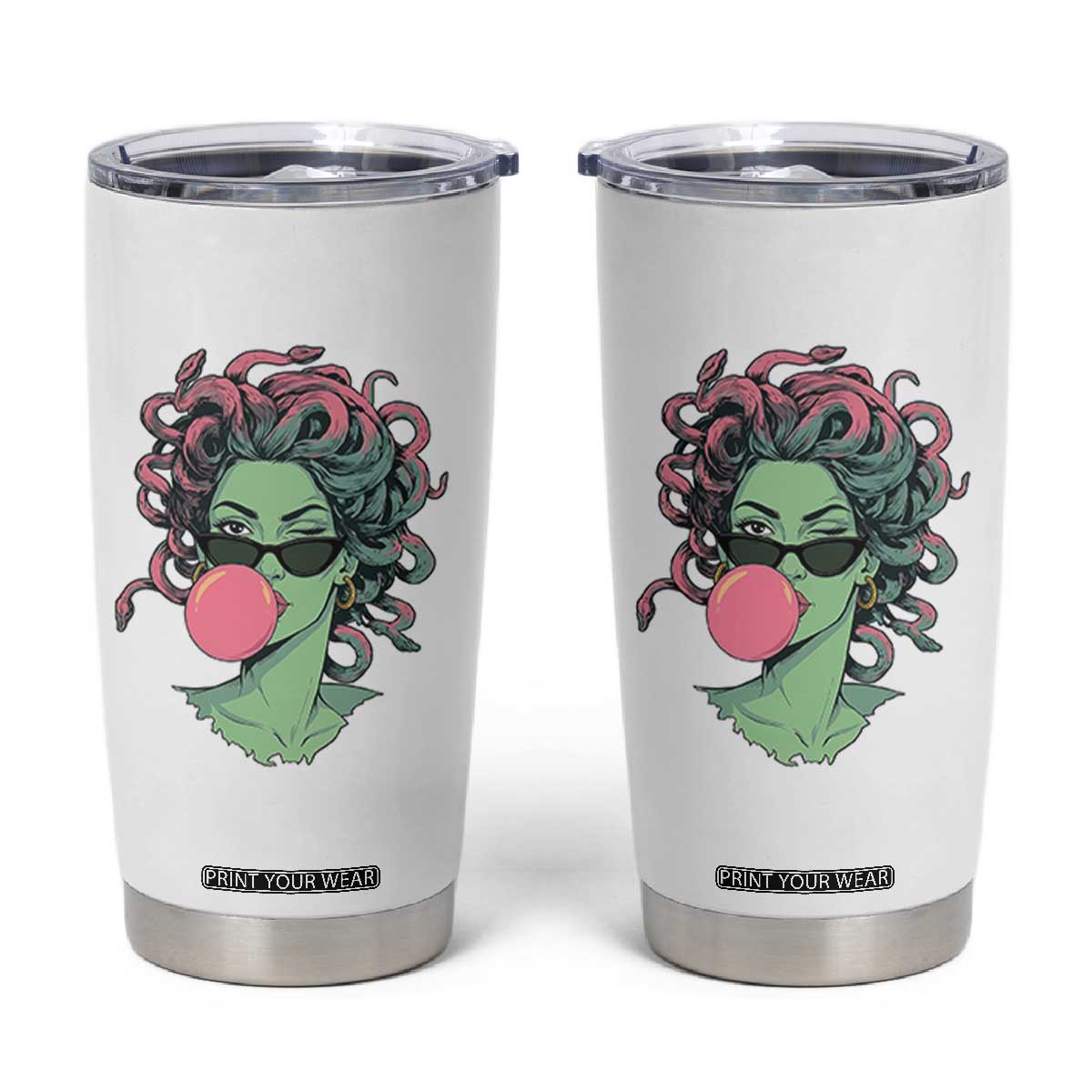 Winking Medusa In Sunglasses Blowing Bubble Gum Tumbler Cup Funny Greek Mythology Pop Art TS12 White Print Your Wear