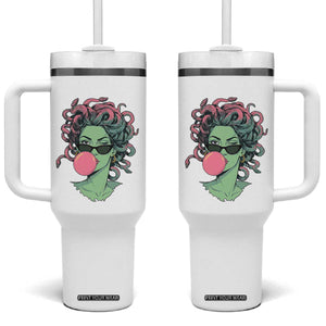 Winking Medusa In Sunglasses Blowing Bubble Gum Tumbler With Handle Funny Greek Mythology Pop Art