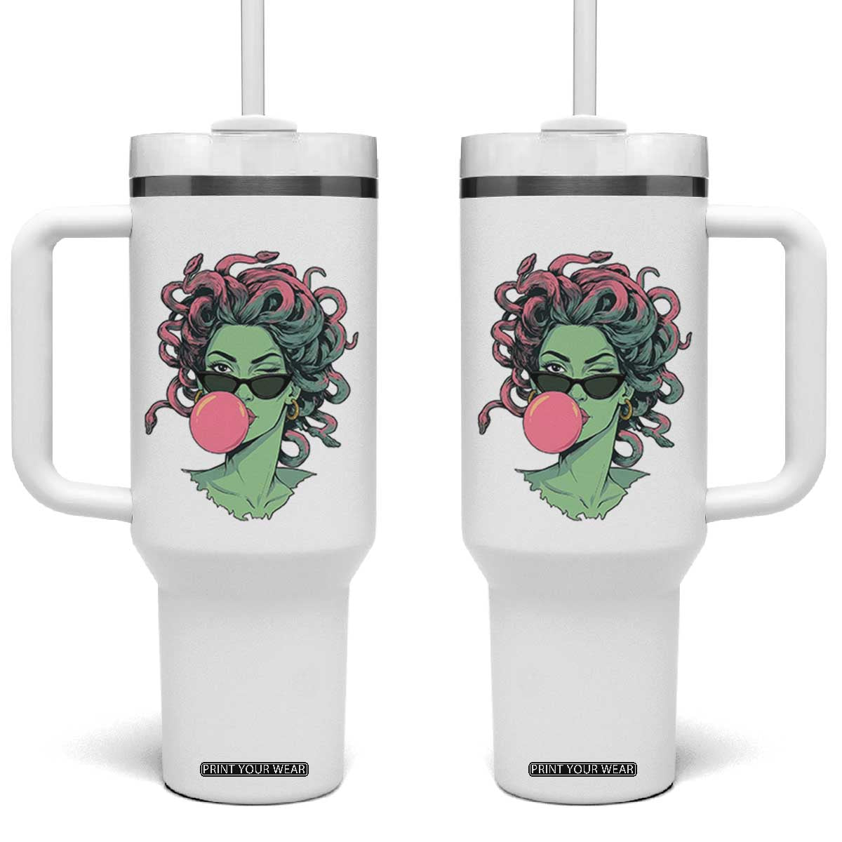 Winking Medusa In Sunglasses Blowing Bubble Gum Tumbler With Handle Funny Greek Mythology Pop Art TS12 One Size: 40 oz White Print Your Wear