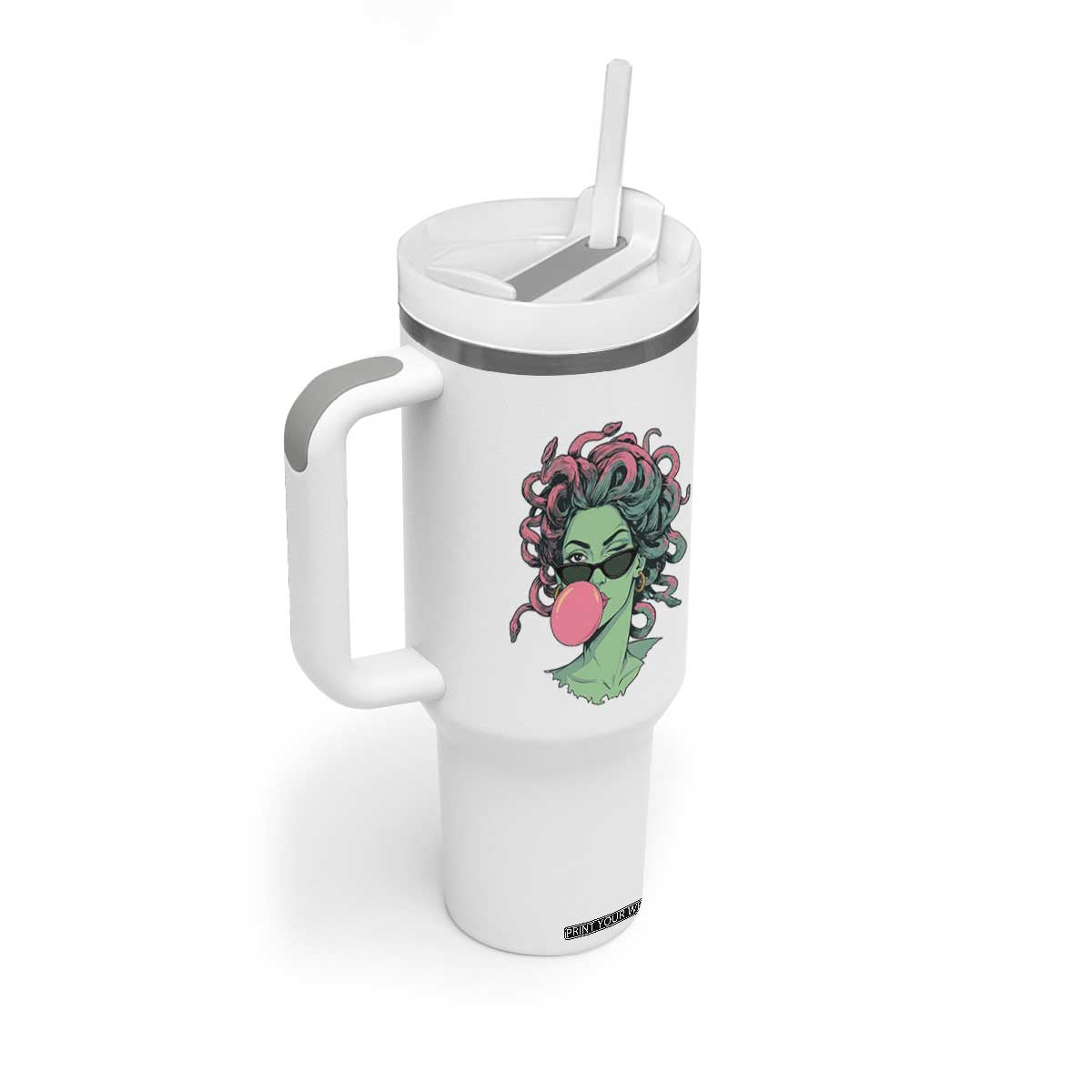 Winking Medusa In Sunglasses Blowing Bubble Gum Tumbler With Handle Funny Greek Mythology Pop Art