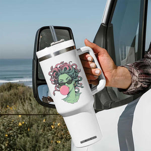 Winking Medusa In Sunglasses Blowing Bubble Gum Tumbler With Handle Funny Greek Mythology Pop Art