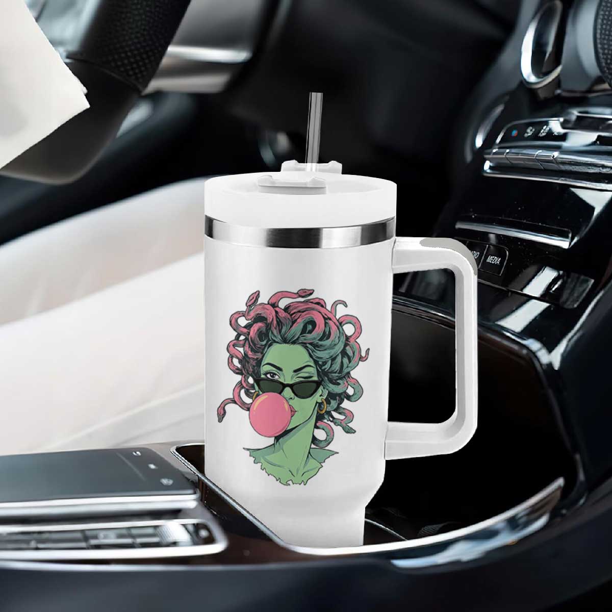 Winking Medusa In Sunglasses Blowing Bubble Gum Tumbler With Handle Funny Greek Mythology Pop Art