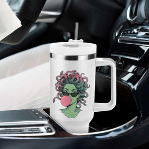 Winking Medusa In Sunglasses Blowing Bubble Gum Tumbler With Handle Funny Greek Mythology Pop Art