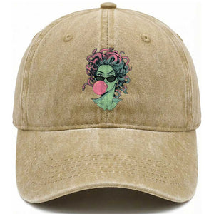Winking Medusa In Sunglasses Blowing Bubble Gum Washed Cotton Baseball Cap Funny Greek Mythology Pop Art