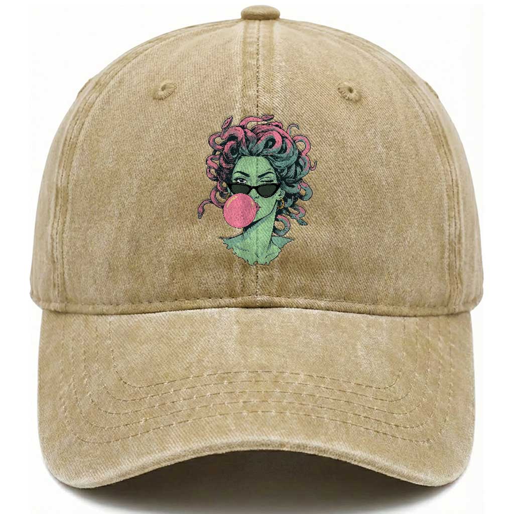 Winking Medusa In Sunglasses Blowing Bubble Gum Washed Cotton Baseball Cap Funny Greek Mythology Pop Art TS12 Print Your Wear