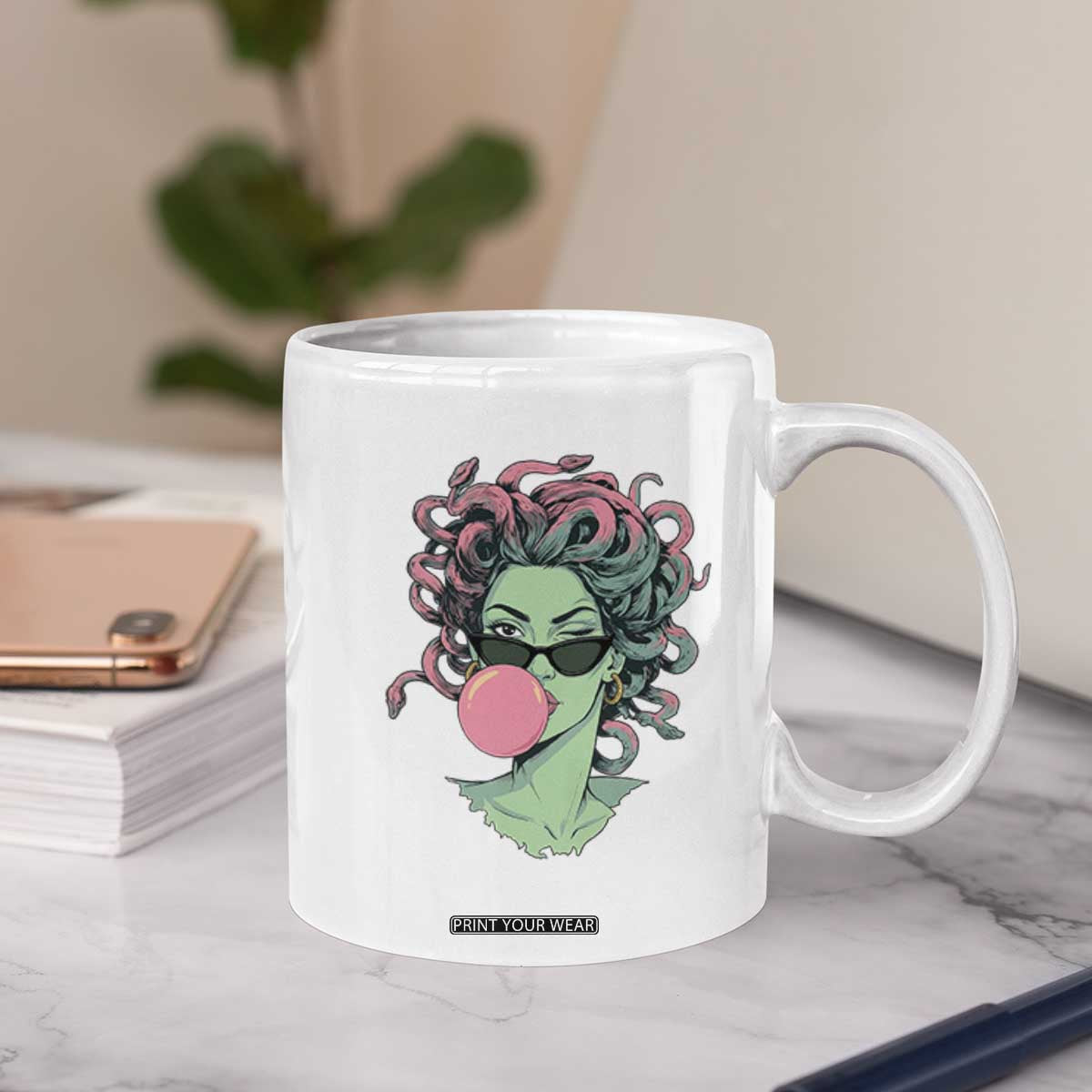 Winking Medusa In Sunglasses Blowing Bubble Gum Coffee Mug Funny Greek Mythology Pop Art