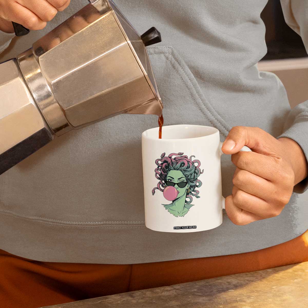 Winking Medusa In Sunglasses Blowing Bubble Gum Coffee Mug Funny Greek Mythology Pop Art