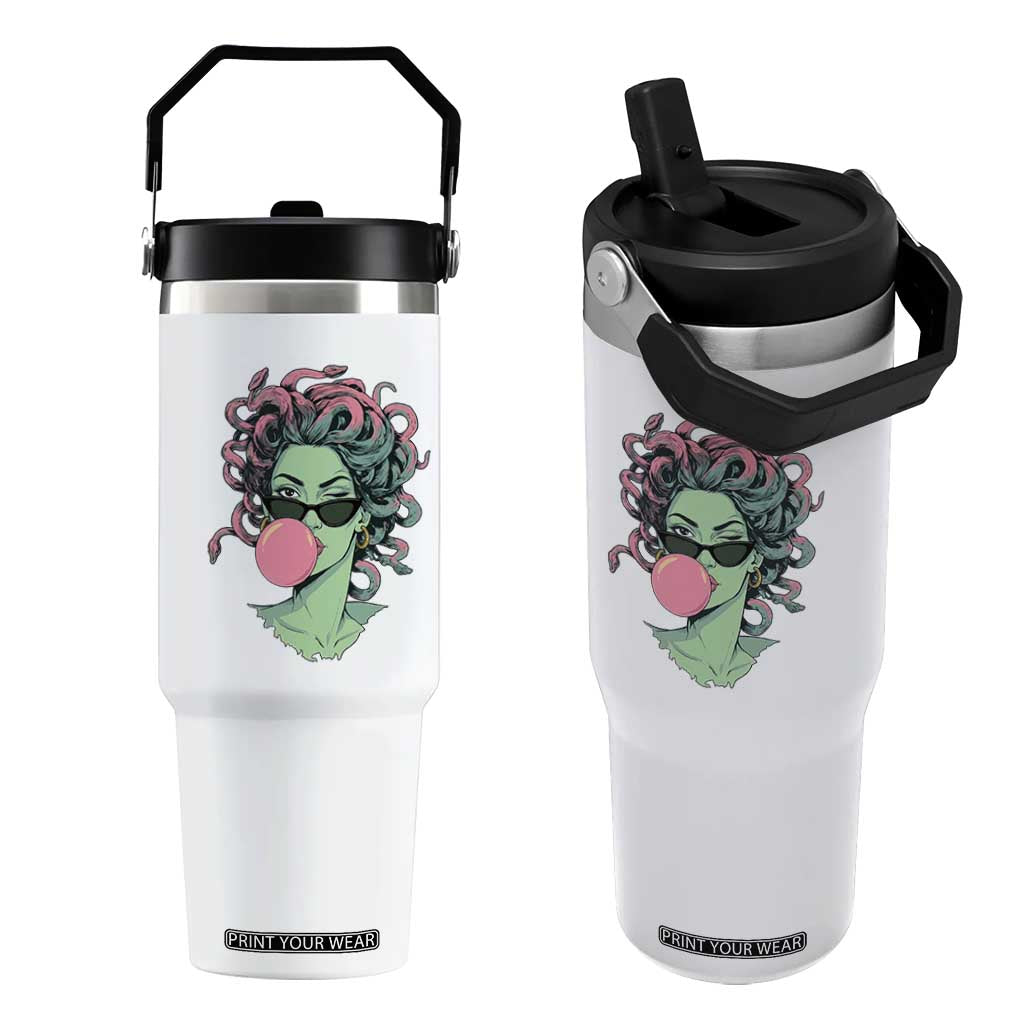 Winking Medusa In Sunglasses Blowing Bubble Gum Flip Straw Tumbler Funny Greek Mythology Pop Art TS12 One Size: 30 oz White Print Your Wear