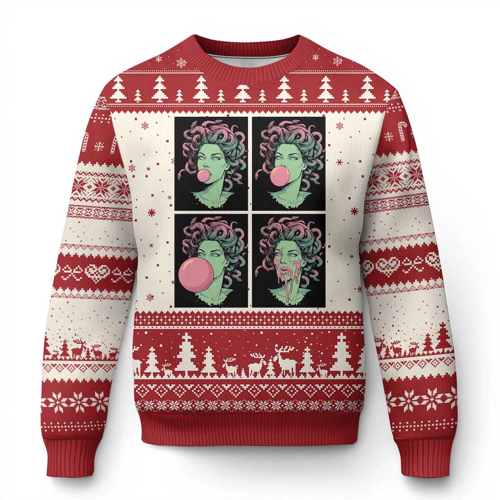 Funny Medusa Blowing Bubble Gum Ugly Christmas Sweater Greek Mythology Pop Art Gift TS12 Beige Red Print Your Wear