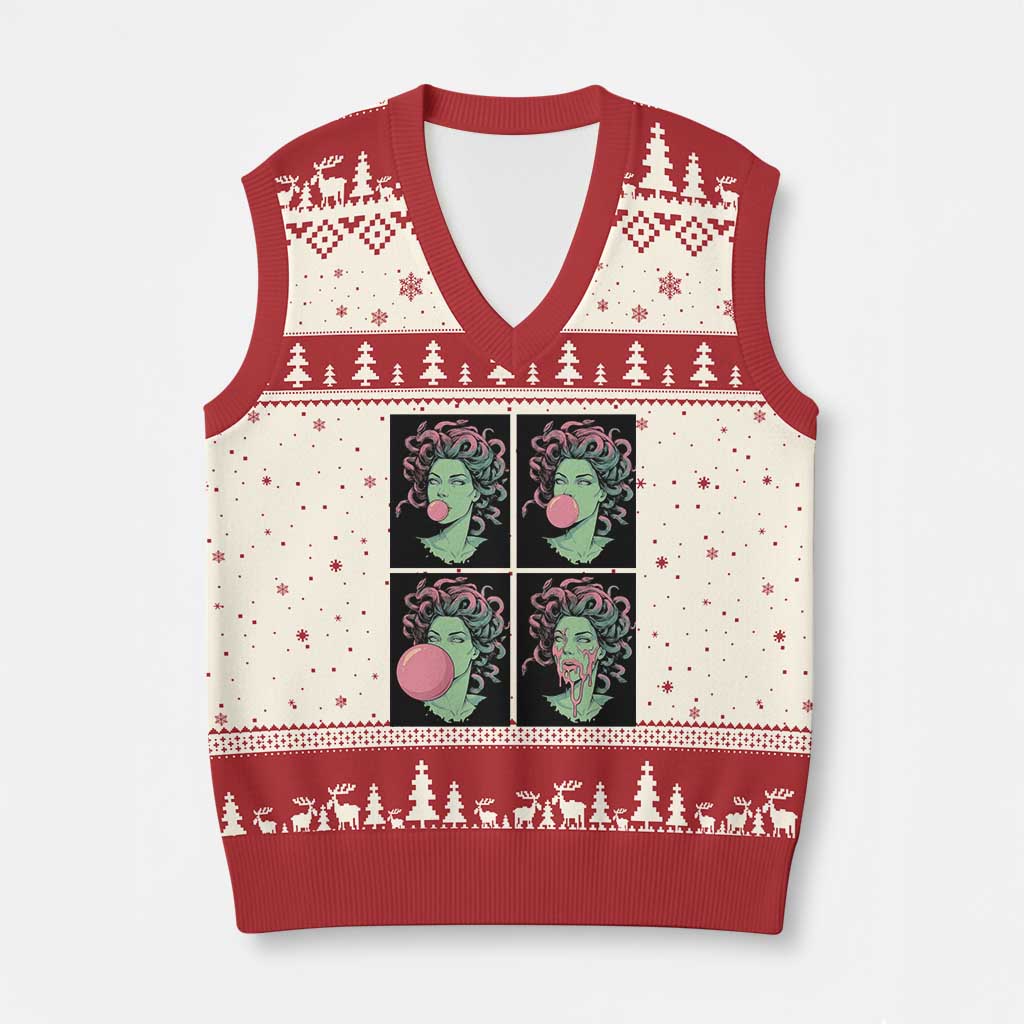 Funny Medusa Blowing Bubble Gum V-Neck Knit Sweater Vest Greek Mythology Pop Art Gift TS12 Beige Red Print Your Wear
