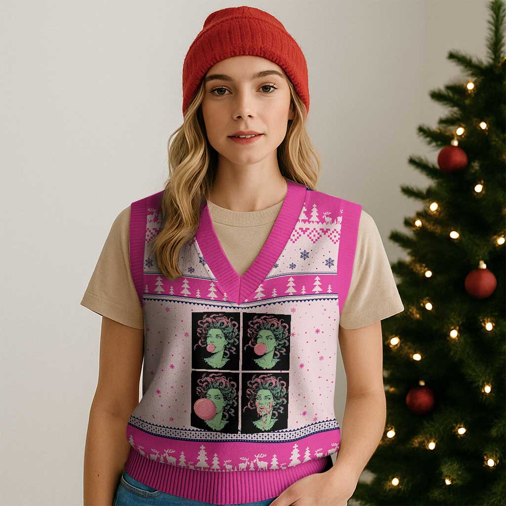 Funny Medusa Blowing Bubble Gum V-Neck Knit Sweater Vest Greek Mythology Pop Art Gift