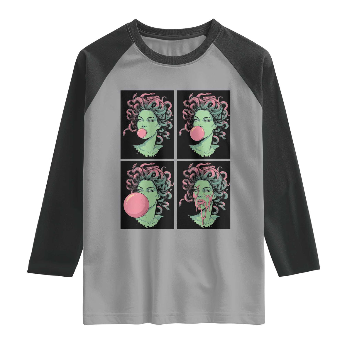 Funny Medusa Blowing Bubble Gum Raglan Shirt Greek Mythology Pop Art Gift