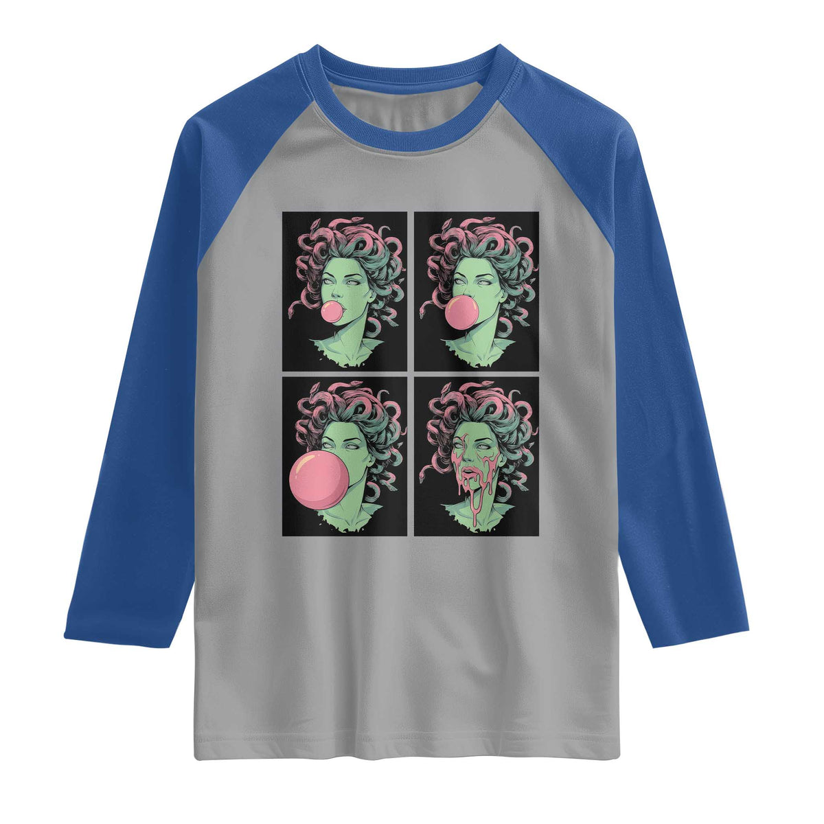 Funny Medusa Blowing Bubble Gum Raglan Shirt Greek Mythology Pop Art Gift