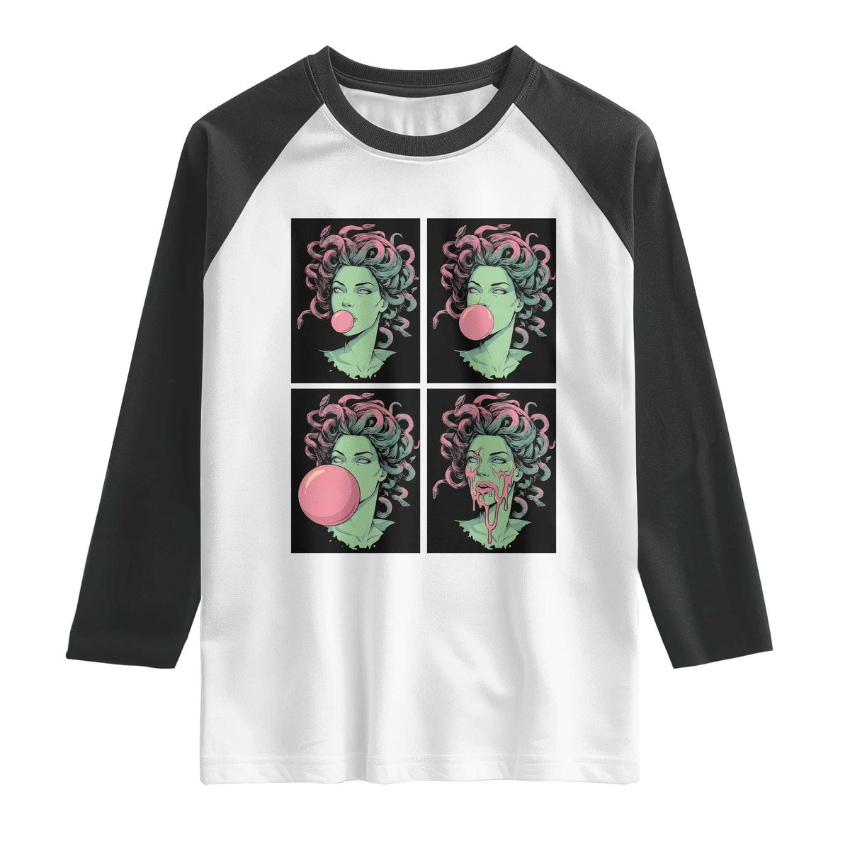 Funny Medusa Blowing Bubble Gum Raglan Shirt Greek Mythology Pop Art Gift