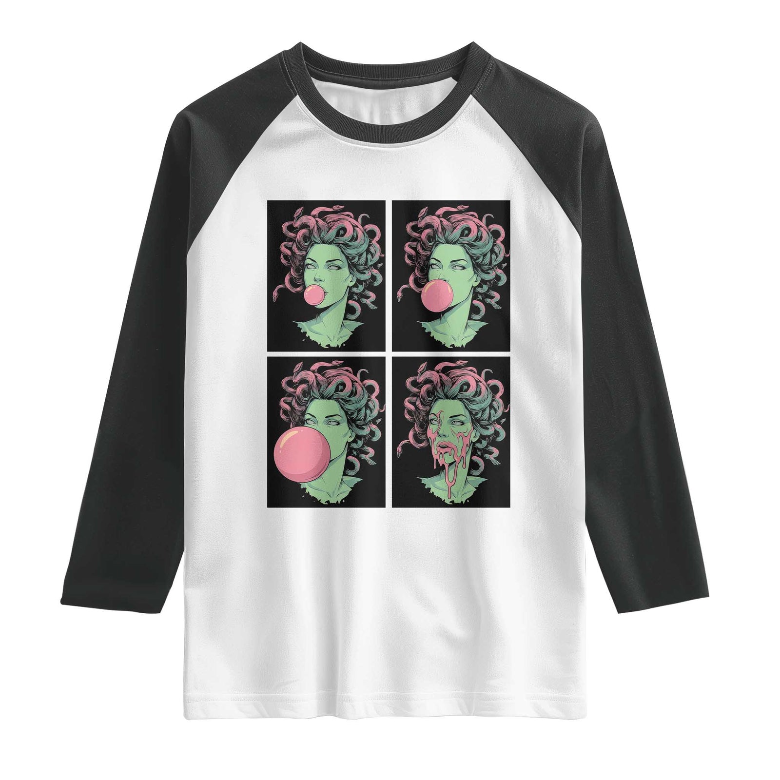 Funny Medusa Blowing Bubble Gum Raglan Shirt Greek Mythology Pop Art Gift TS12 White Black Print Your Wear