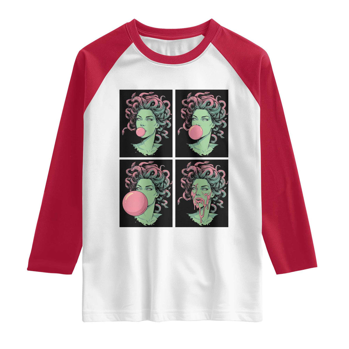 Funny Medusa Blowing Bubble Gum Raglan Shirt Greek Mythology Pop Art Gift