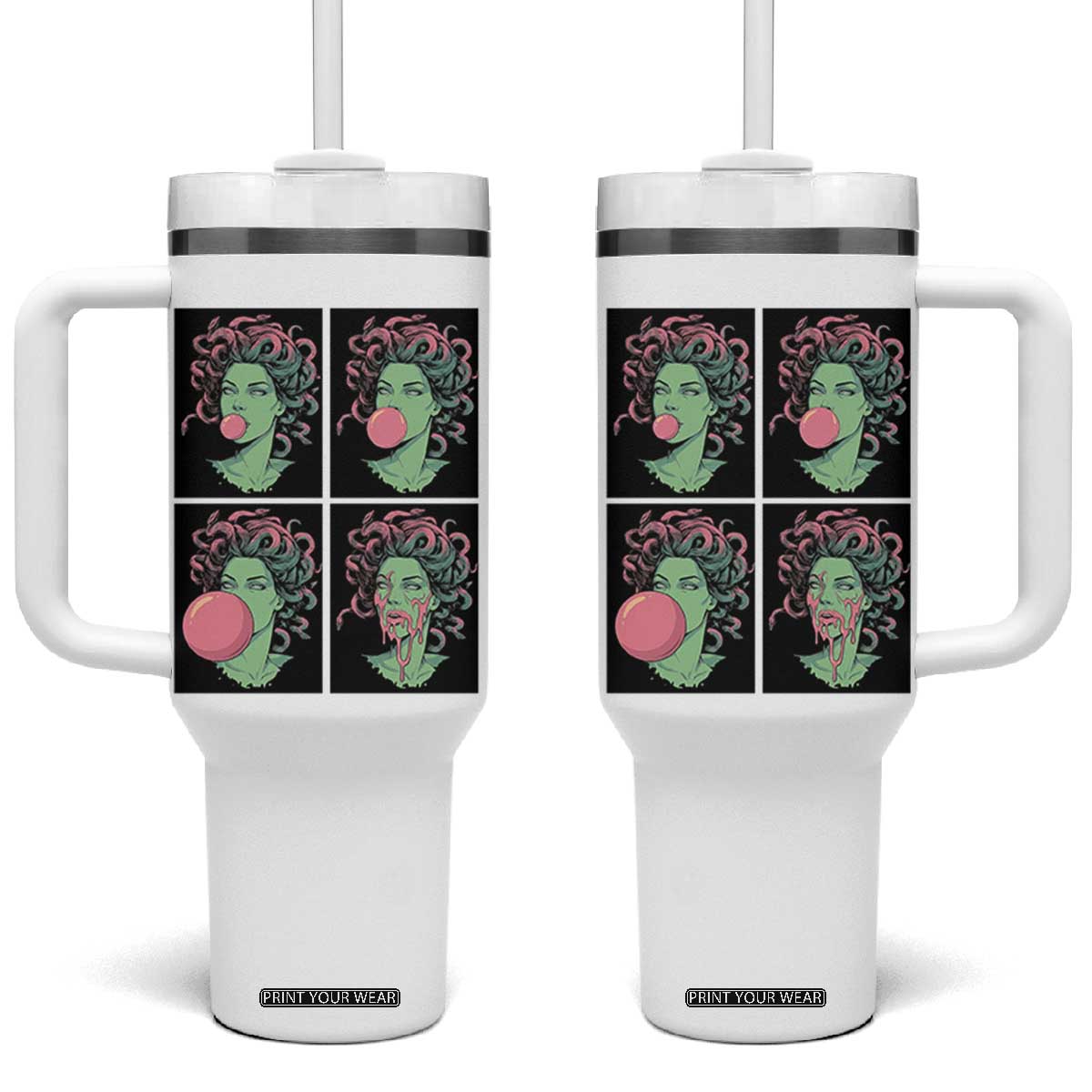 Funny Medusa Blowing Bubble Gum Tumbler With Handle Greek Mythology Pop Art Gift TS12 One Size: 40 oz White Print Your Wear