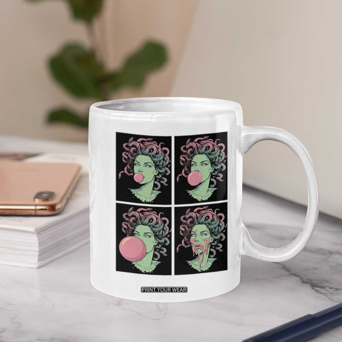 Funny Medusa Blowing Bubble Gum Coffee Mug Greek Mythology Pop Art Gift