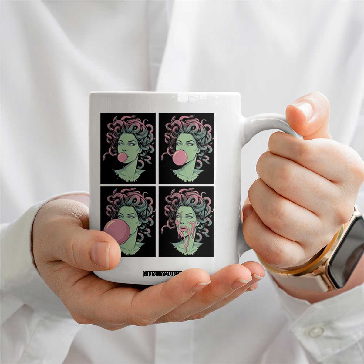 Funny Medusa Blowing Bubble Gum Coffee Mug Greek Mythology Pop Art Gift