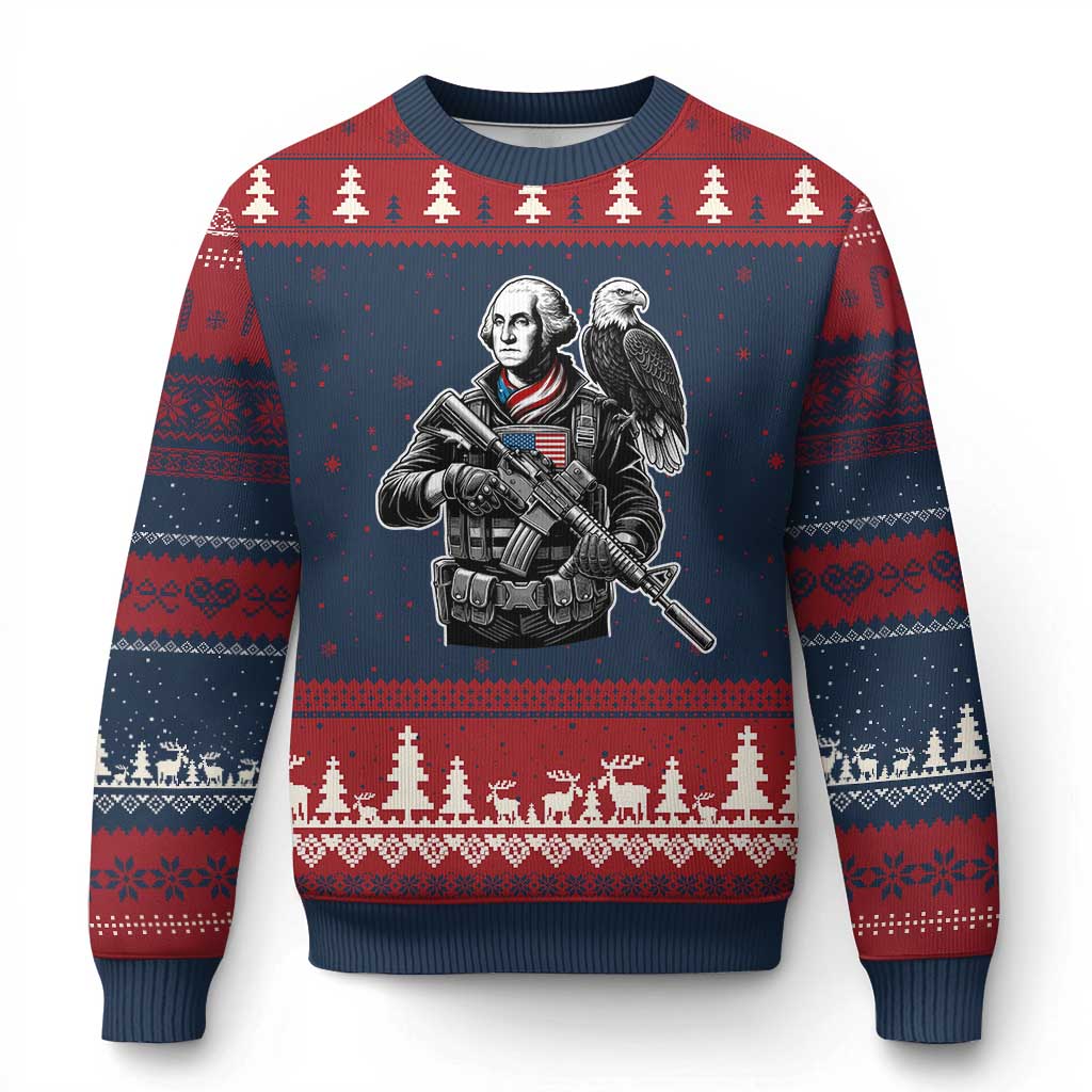 George Washington Tactical Soldier Ugly Christmas Sweater Military Patriot Bald Eagle USA Flag Gift TS12 Navy Red Print Your Wear