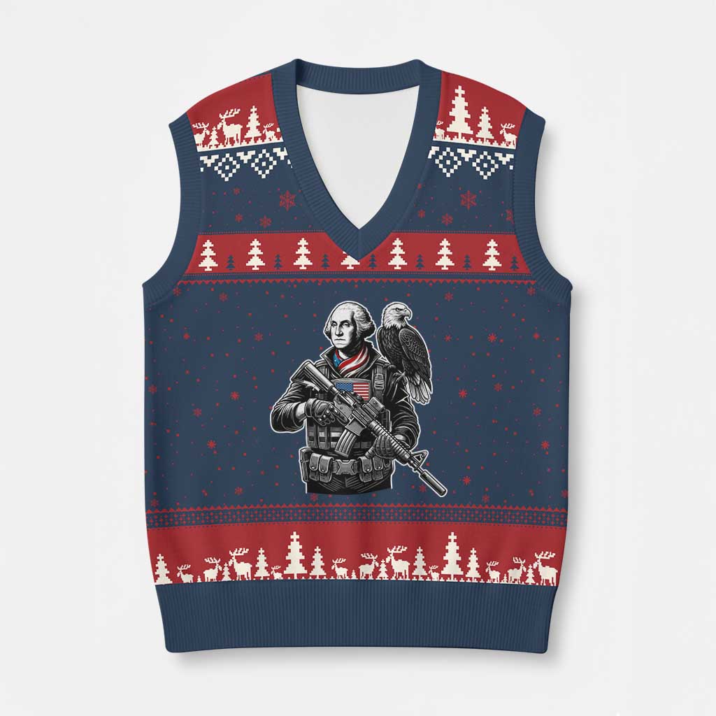 George Washington Tactical Soldier V-Neck Knit Sweater Vest Military Patriot Bald Eagle USA Flag Gift TS12 Navy Red Print Your Wear