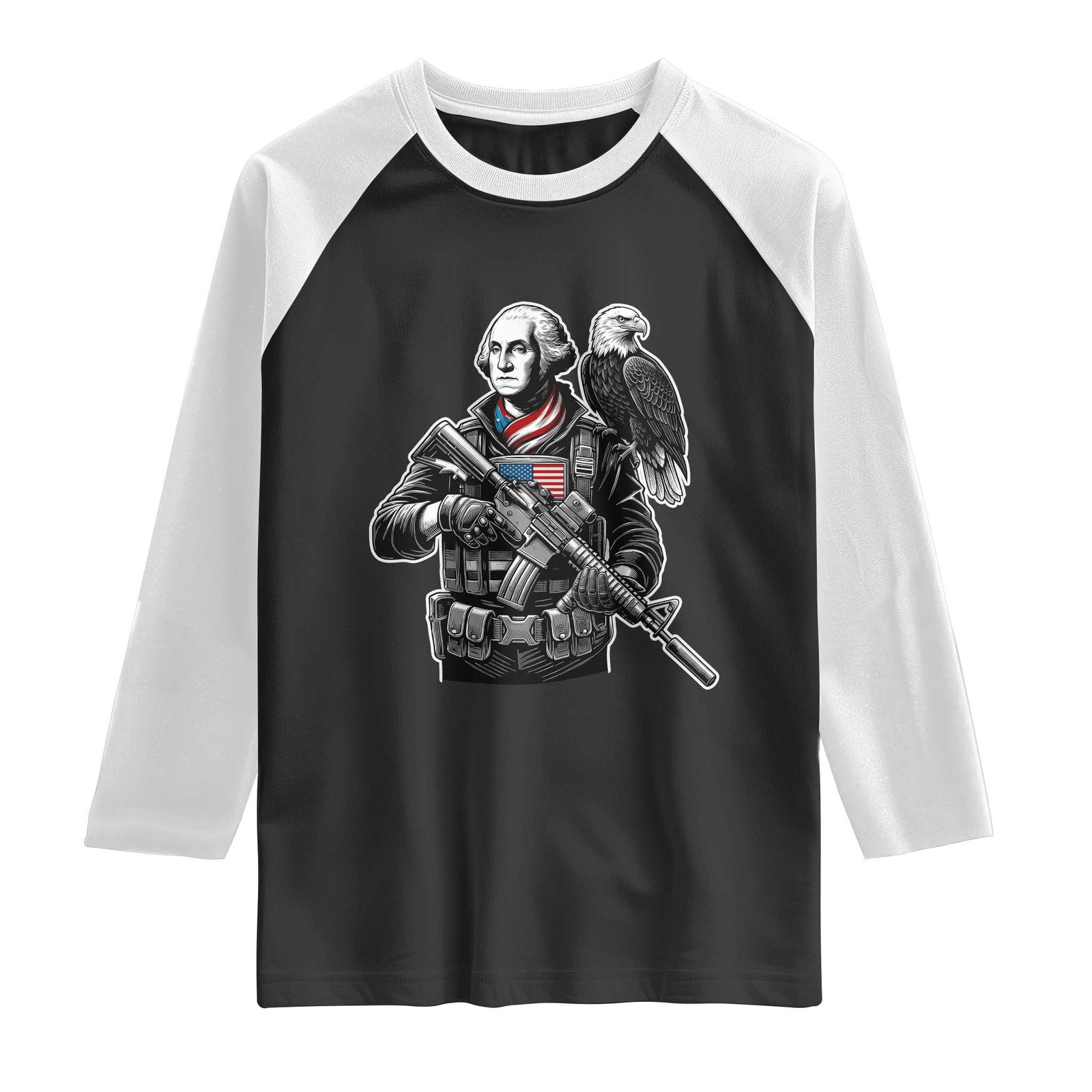 George Washington Tactical Soldier Raglan Shirt Military Patriot Bald Eagle USA Flag Gift TS12 Black White Print Your Wear