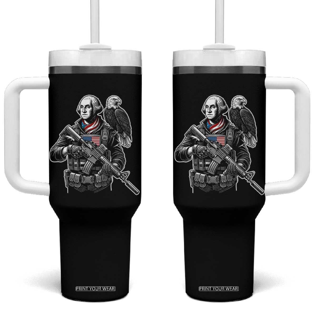 George Washington Tactical Soldier Tumbler With Handle Military Patriot Bald Eagle USA Flag Gift TS12 One Size: 40 oz Black Print Your Wear
