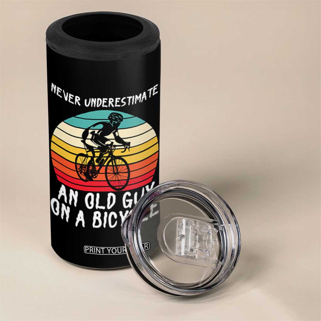 Never Underestimate An Old Guy On A Bicycle 4 in 1 Can Cooler Tumbler Cycling Lover Gift