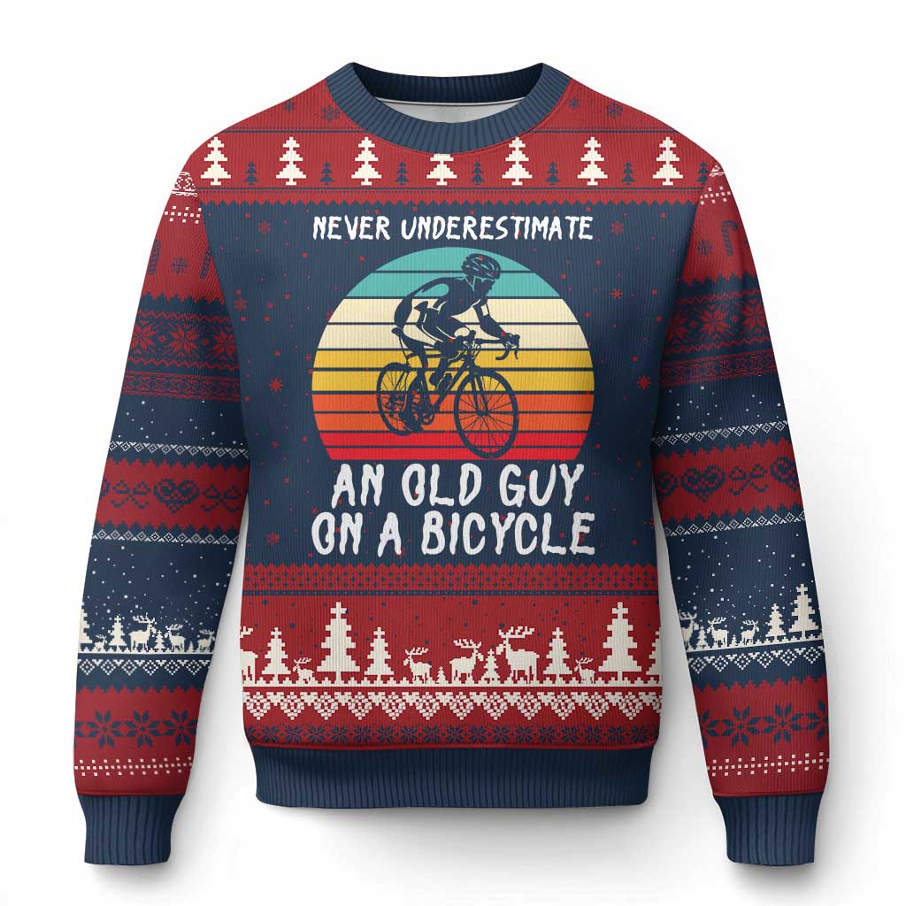 Never Underestimate An Old Guy On A Bicycle Ugly Christmas Sweater Cycling Lover Gift