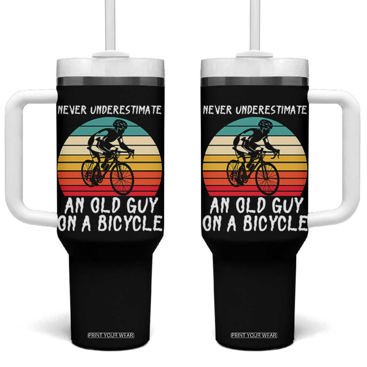 Never Underestimate An Old Guy On A Bicycle Tumbler With Handle Cycling Lover Gift