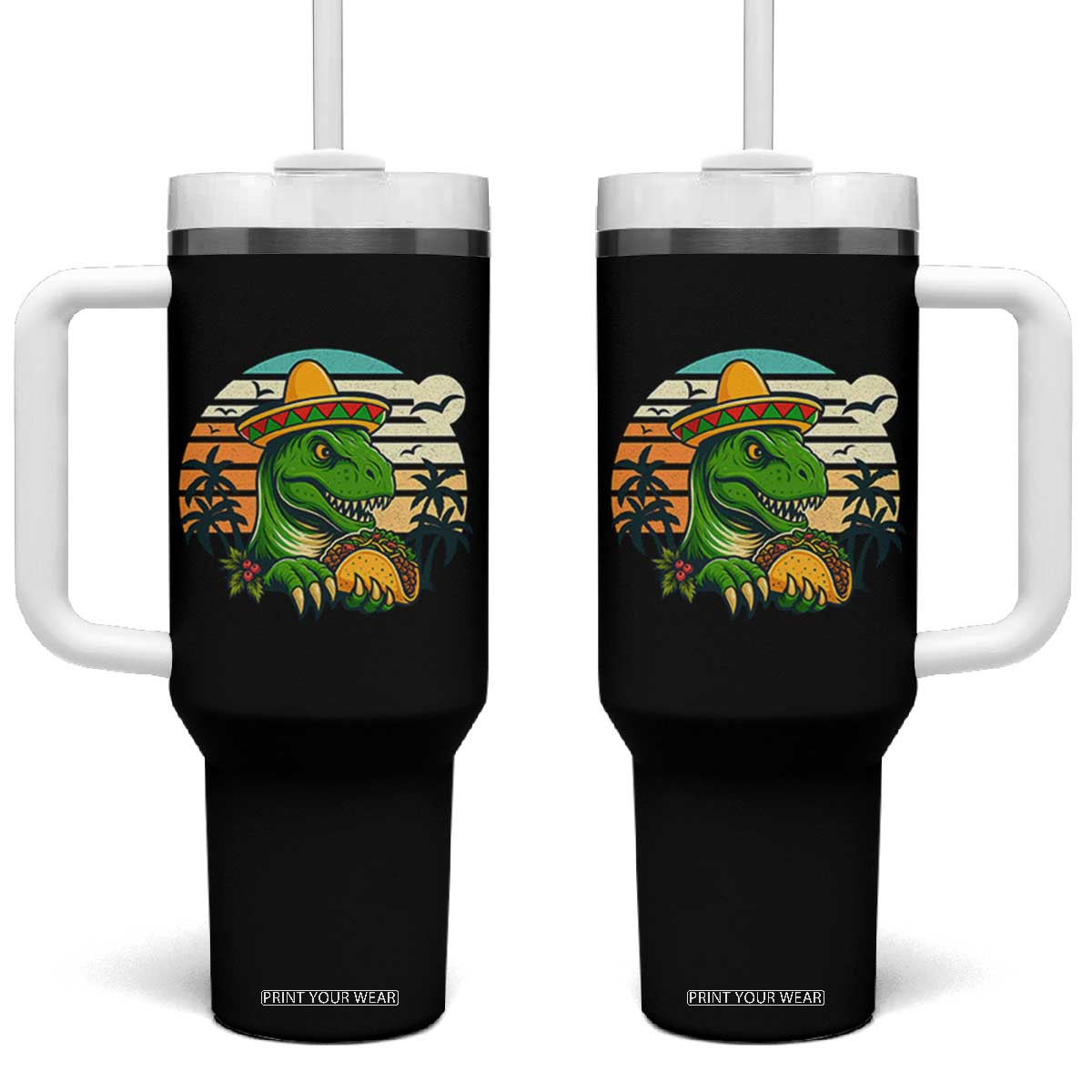 Funny Tacos Dinosaur Tumbler With Handle Mexican Food Lover Gift TS12 One Size: 40 oz Black Print Your Wear