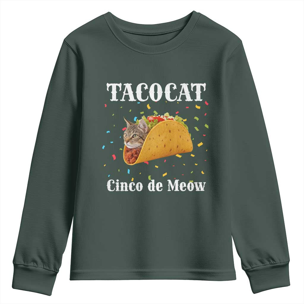Funny Taco Cat Cinco De Meow Youth Sweatshirt Mexican Food Lover Gift TS12 Dark Forest Green Print Your Wear