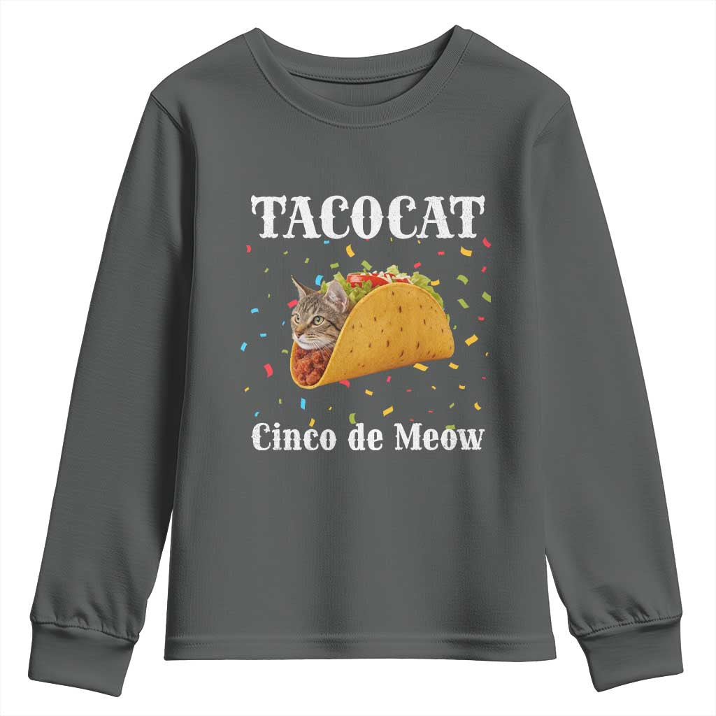 Funny Taco Cat Cinco De Meow Youth Sweatshirt Mexican Food Lover Gift TS12 Dark Heather Print Your Wear