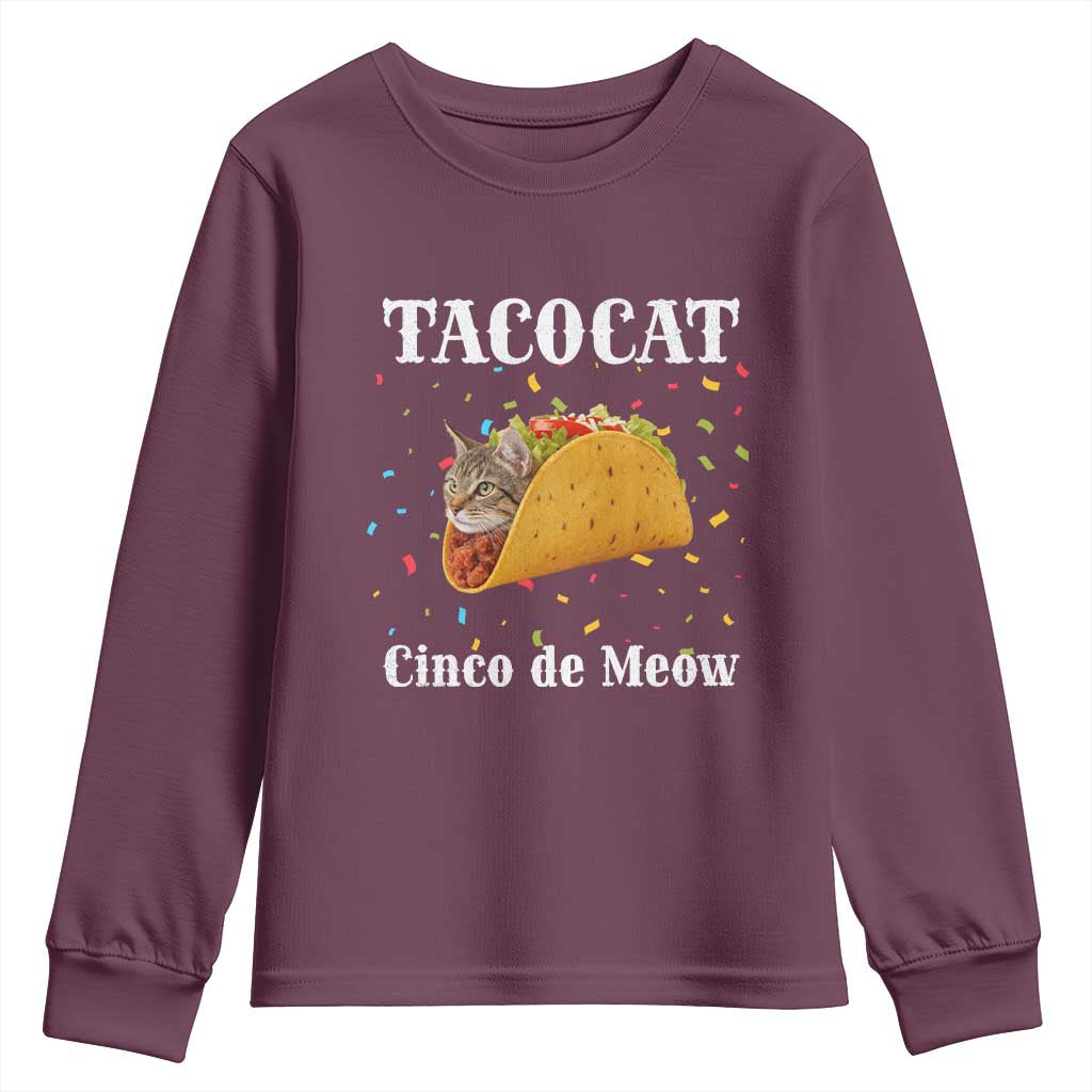 Funny Taco Cat Cinco De Meow Youth Sweatshirt Mexican Food Lover Gift TS12 Maroon Print Your Wear