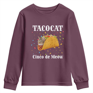 Funny Taco Cat Cinco De Meow Youth Sweatshirt Mexican Food Lover Gift TS12 Maroon Print Your Wear