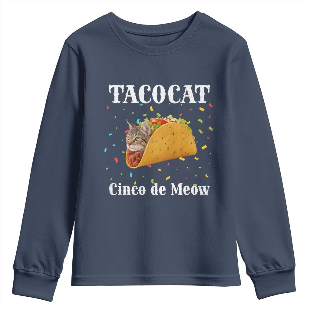 Funny Taco Cat Cinco De Meow Youth Sweatshirt Mexican Food Lover Gift TS12 Navy Print Your Wear