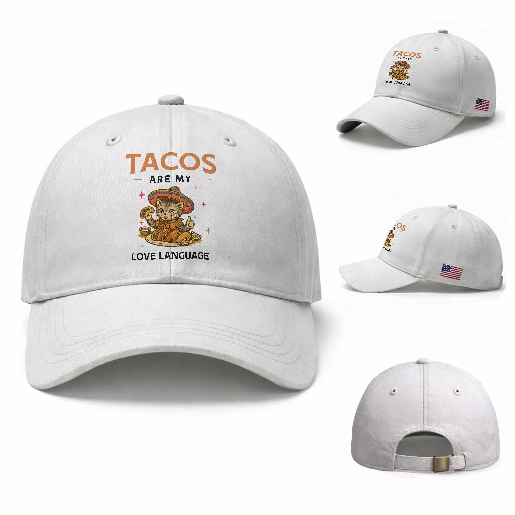 Tacos Are My Love Language Baseball Cap Funny Cat Eating Taco TS12 Baseball Cap Universal Fit White Print Your Wear