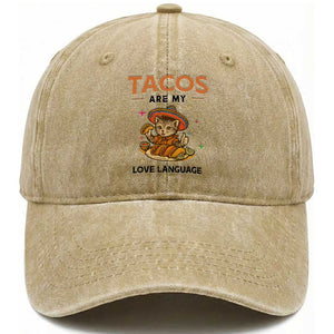 Tacos Are My Love Language Washed Cotton Baseball Cap Funny Cat Eating Taco TS12 Print Your Wear