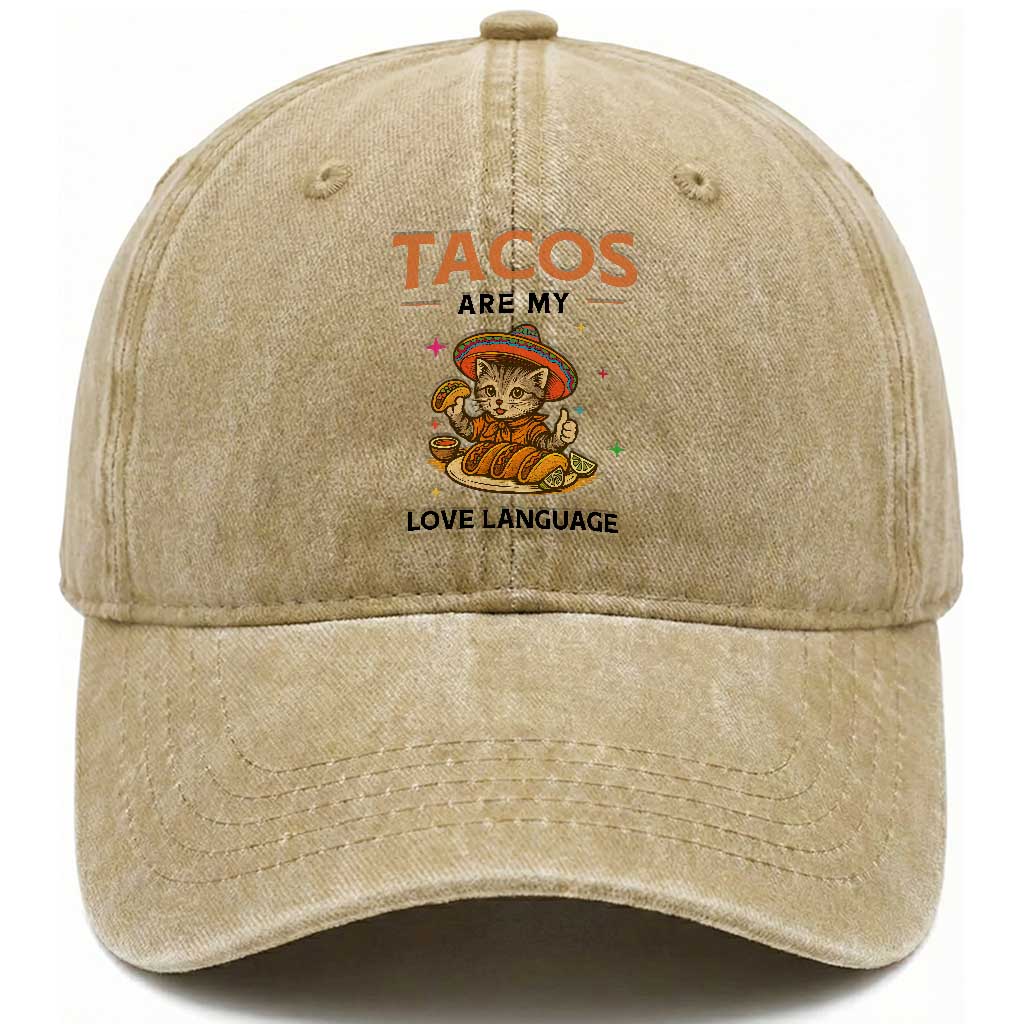 Tacos Are My Love Language Washed Cotton Baseball Cap Funny Cat Eating Taco TS12 Print Your Wear