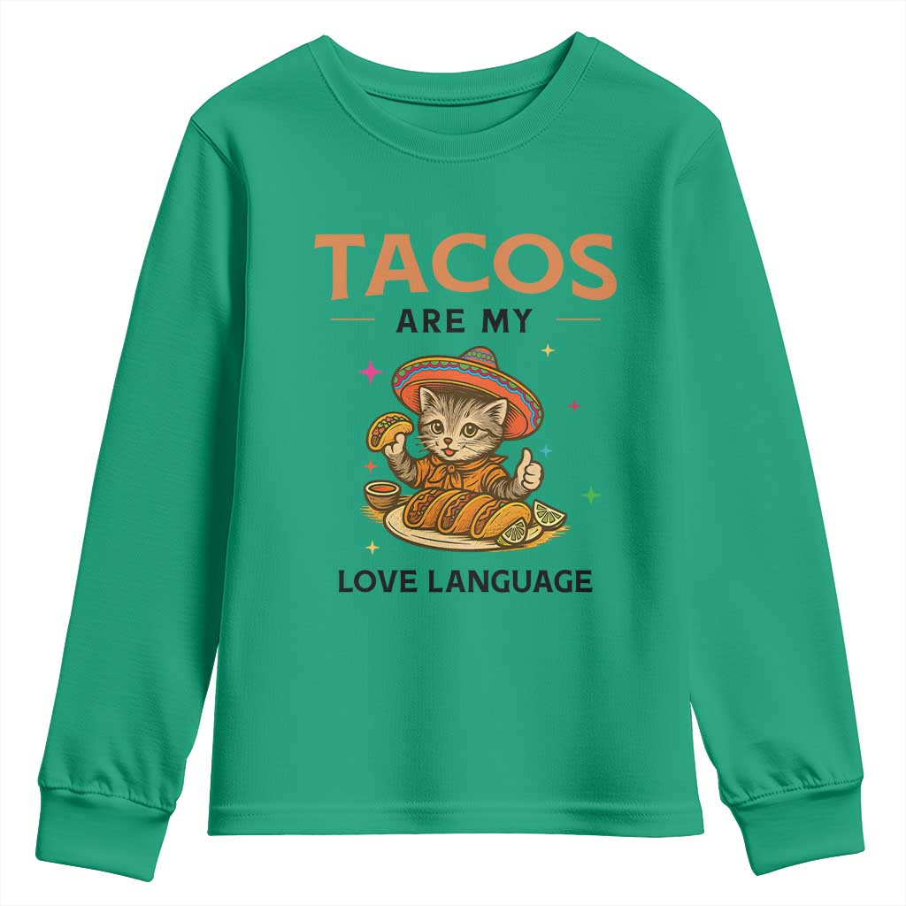 Tacos Are My Love Language Youth Sweatshirt Funny Cat Eating Taco TS12 Irish Green Print Your Wear