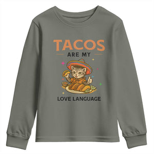 Tacos Are My Love Language Youth Sweatshirt Funny Cat Eating Taco TS12 Military Green Print Your Wear