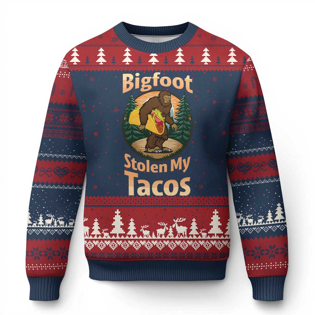 Funny Bigfoot Stole My Tacos Ugly Christmas Sweater Sasquatch Taco Lover TS12 Navy Red Print Your Wear